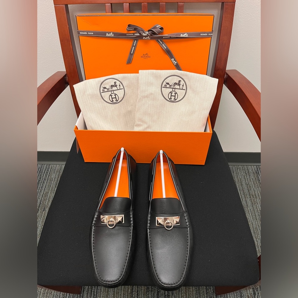 Hermes Black Leather Loafers with Metallic Detailing
